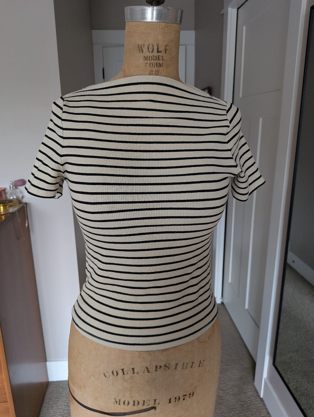 Rachel Zoe Cream and Black Striped Ribbed Short Sleeve Top